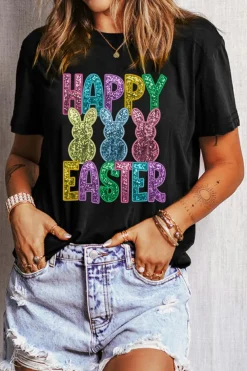 Clearance Dear-Lover Glittering Bunny HAPPY EASTER Graphic T Shirt Black