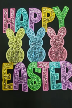 Clearance Dear-Lover Glittering Bunny HAPPY EASTER Graphic T Shirt Black