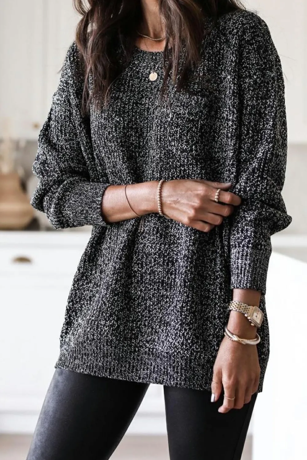 New Dear-Lover Glittering Long Sleeve Tunic Sweater Black