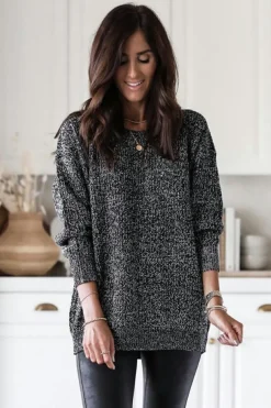 New Dear-Lover Glittering Long Sleeve Tunic Sweater Black