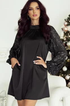 Best Dear-Lover Glittering Mesh Sleeve Mock Neck Mini Dress Black