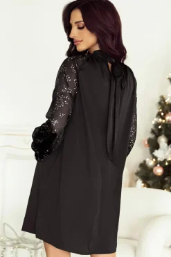 Best Dear-Lover Glittering Mesh Sleeve Mock Neck Mini Dress Black