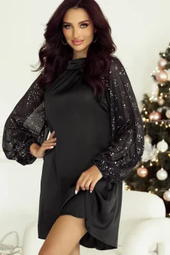 Best Dear-Lover Glittering Mesh Sleeve Mock Neck Mini Dress Black