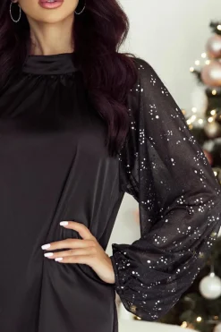 Best Dear-Lover Glittering Mesh Sleeve Mock Neck Mini Dress Black