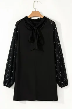 Best Dear-Lover Glittering Mesh Sleeve Mock Neck Mini Dress Black