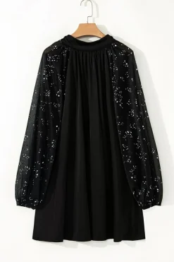 Best Dear-Lover Glittering Mesh Sleeve Mock Neck Mini Dress Black