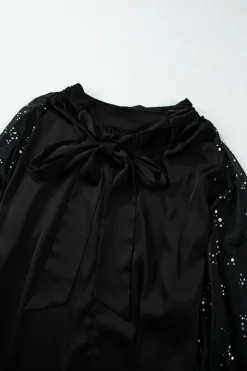 Best Dear-Lover Glittering Mesh Sleeve Mock Neck Mini Dress Black