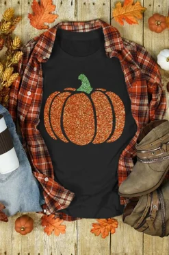 Best Dear-Lover Glittering Pumpkin Graphic Halloween T Shirt Black