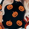 Fashion Dear-Lover Glittering Pumpkin Face Graphic Crewneck Halloween T Shirt Black