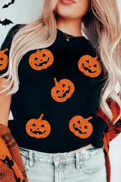 Fashion Dear-Lover Glittering Pumpkin Face Graphic Crewneck Halloween T Shirt Black