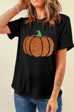 Best Dear-Lover Glittering Pumpkin Graphic Halloween T Shirt Black