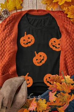 Fashion Dear-Lover Glittering Pumpkin Face Graphic Crewneck Halloween T Shirt Black
