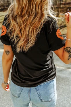 Fashion Dear-Lover Glittering Pumpkin Face Graphic Crewneck Halloween T Shirt Black