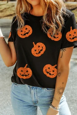 Fashion Dear-Lover Glittering Pumpkin Face Graphic Crewneck Halloween T Shirt Black