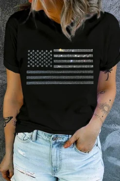 Online Dear-Lover Glittering Rhinestone American Flag Pattern T Shirt Black