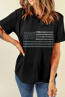 Online Dear-Lover Glittering Rhinestone American Flag Pattern T Shirt Black