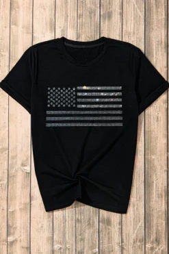 Online Dear-Lover Glittering Rhinestone American Flag Pattern T Shirt Black