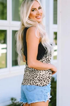 Online Dear-Lover Gradient Leopard Split Neck Tank Top Black