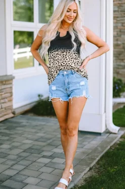 Online Dear-Lover Gradient Leopard Split Neck Tank Top Black