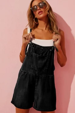 Discount Dear-Lover Grommet Tie Straps Casual Denim Romper Black