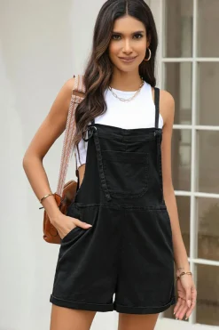 Discount Dear-Lover Grommet Tie Straps Casual Denim Romper Black