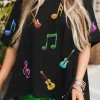 Fashion Dear-Lover Guitar Music Notes Patched Graphic Oversize Tee Black