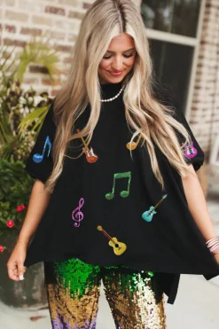 Fashion Dear-Lover Guitar Music Notes Patched Graphic Oversize Tee Black