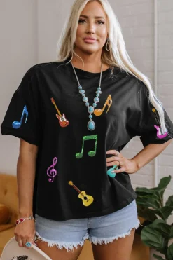 Fashion Dear-Lover Guitar Music Notes Patched Graphic Oversize Tee Black