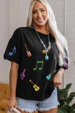 Fashion Dear-Lover Guitar Music Notes Patched Graphic Oversize Tee Black