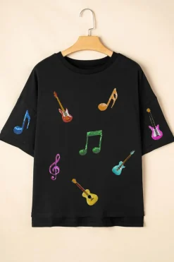Fashion Dear-Lover Guitar Music Notes Patched Graphic Oversize Tee Black