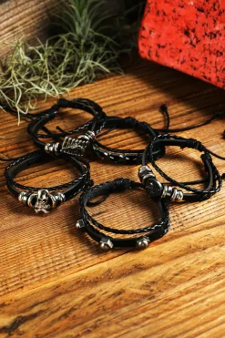 Clearance Dear-Lover Gun Skull Star PU Leather Bracelet Set Black