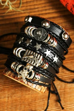 Clearance Dear-Lover Gun Skull Star PU Leather Bracelet Set Black