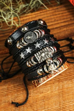Clearance Dear-Lover Gun Skull Star PU Leather Bracelet Set Black