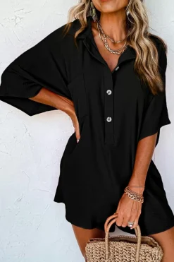 Best Dear-Lover Half Button Collared Loose Romper Black