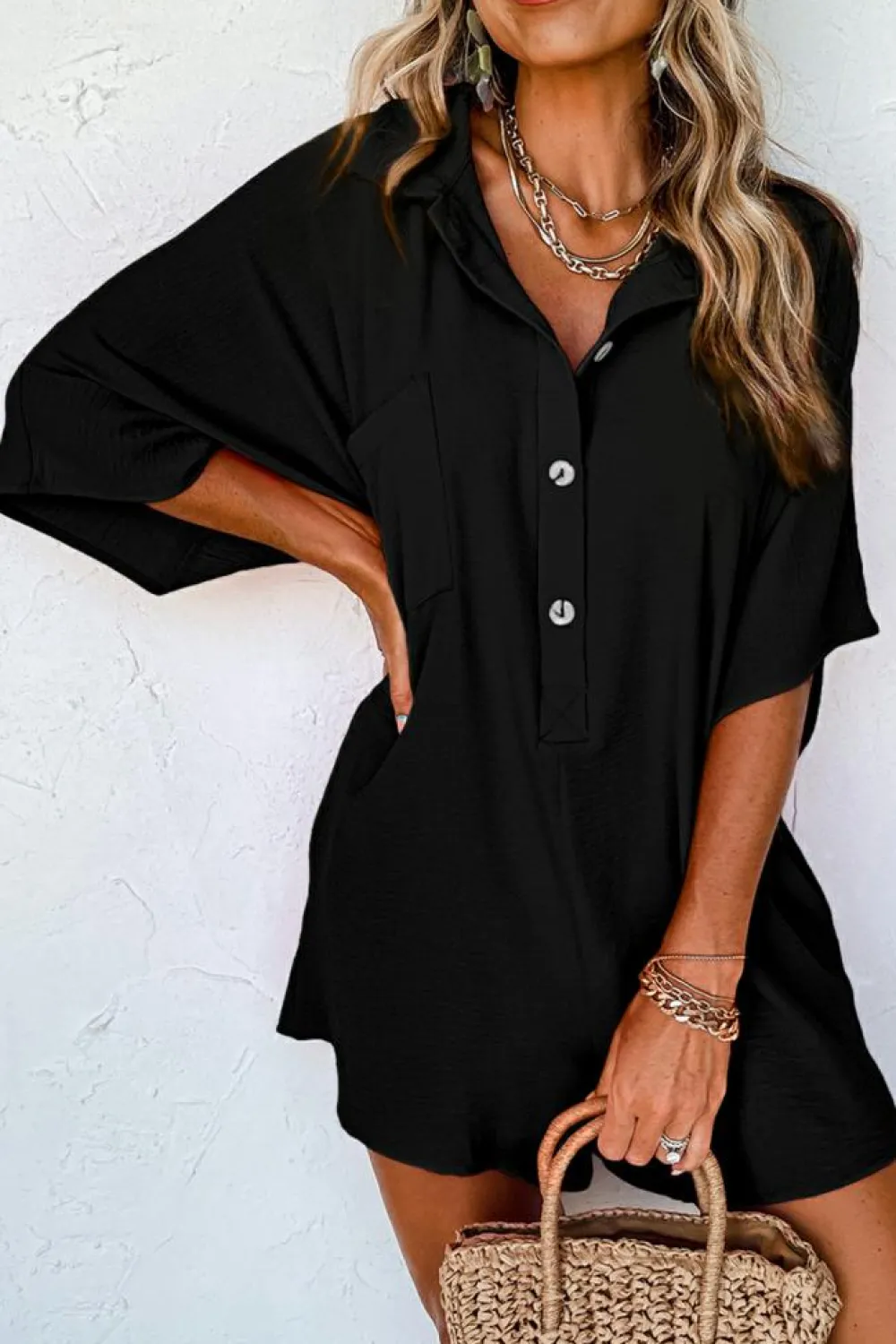 Best Dear-Lover Half Button Collared Loose Romper Black