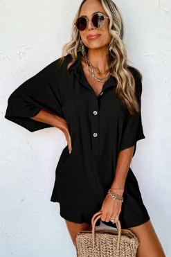 Best Dear-Lover Half Button Collared Loose Romper Black
