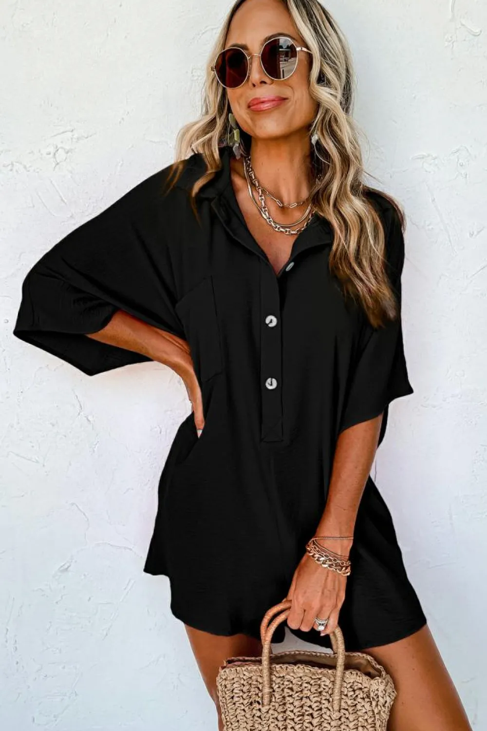 Best Dear-Lover Half Button Collared Loose Romper Black
