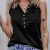 Hot Dear-Lover Half Button V Neck Patched Pocket Tank Top Black