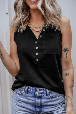 Hot Dear-Lover Half Button V Neck Patched Pocket Tank Top Black