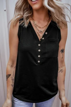 Hot Dear-Lover Half Button V Neck Patched Pocket Tank Top Black
