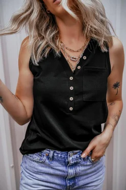 Hot Dear-Lover Half Button V Neck Patched Pocket Tank Top Black