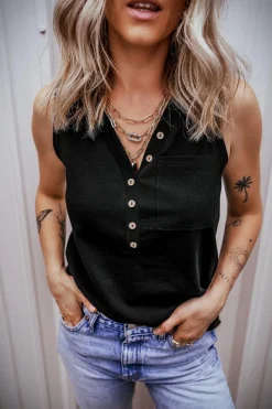 Hot Dear-Lover Half Button V Neck Patched Pocket Tank Top Black