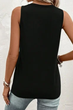 Hot Dear-Lover Half Button V Neck Patched Pocket Tank Top Black