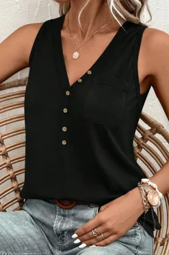 Hot Dear-Lover Half Button V Neck Patched Pocket Tank Top Black