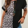 Discount Dear-Lover Half Leopard Patchwork Short Sleeves Top Black