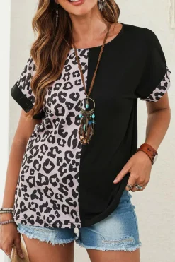 Discount Dear-Lover Half Leopard Patchwork Short Sleeves Top Black