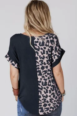 Discount Dear-Lover Half Leopard Patchwork Short Sleeves Top Black