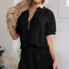 Best Dear-Lover Half Zip Puff Sleeve Top and Ruffled Shorts Set Black