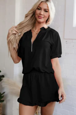Best Dear-Lover Half Zip Puff Sleeve Top and Ruffled Shorts Set Black