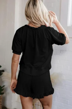 Best Dear-Lover Half Zip Puff Sleeve Top and Ruffled Shorts Set Black